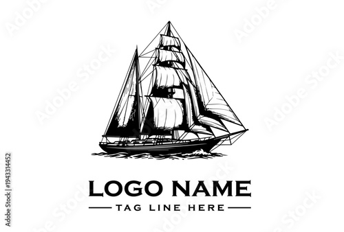 Black and white sailboat logo with sails up on calm waters and customizable text on a clean white background.