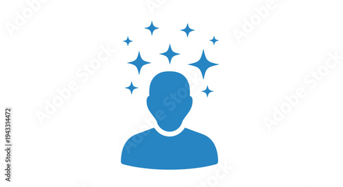 A blue silhouette of a person s head surrounded by sparkling stars