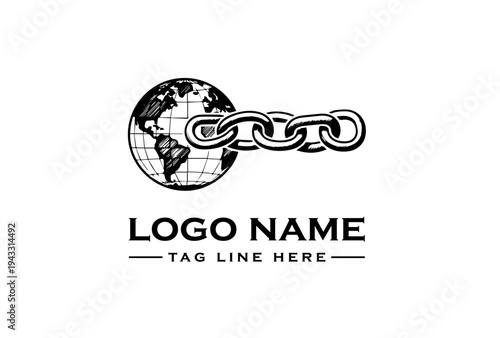 Black and white logo illustration of a globe wrapped in a chain on a white background with placeholder text for a company name and tagline.
