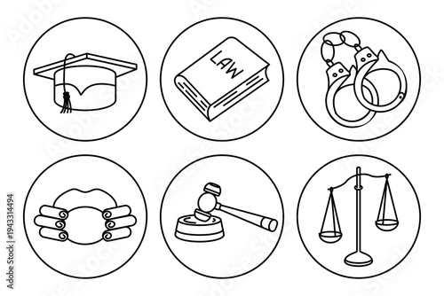 Legal education icons including graduation cap, law book, handcuffs, gavel, scales of justice, and handshake in a circular design for educational or legal themes