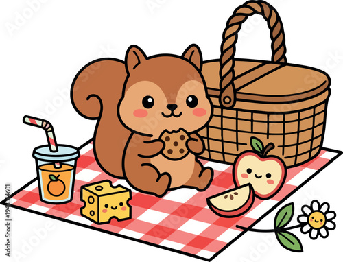Cute smiling squirrel eating cookie on red checkered picnic blanket with basket cheese apple juice and flower vector art illustration
