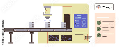 Industrial automation, quality control, manufacturing, technology, efficiency, production management. A functioning conveyor system with inspection tools and a checklist. Industrial automation