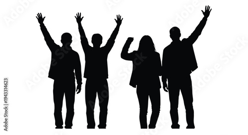 Silhouettes of four people with arms raised in celebration or worship