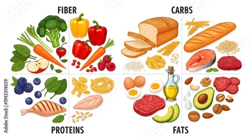 Balanced diet food groups, fiber, carbs, proteins, fats, healthy eating, nutrition