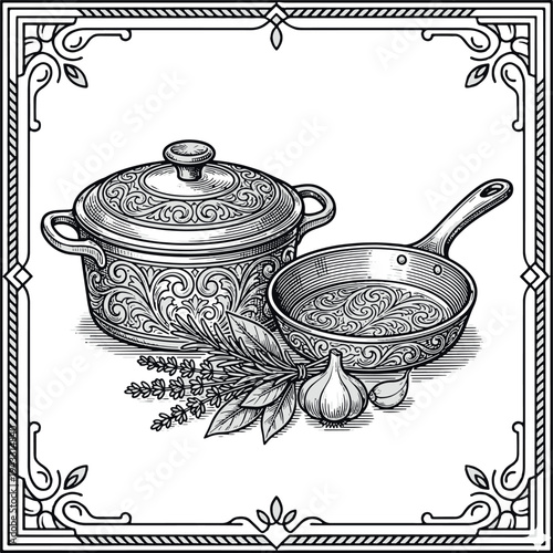 vector illustration of an old fashioned kitchen utensils pand and pot