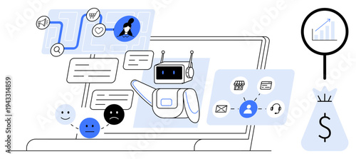 Chatbot managing customer communication with email, messaging, and support icons alongside graphs and financial symbols. Ideal for AI technology, customer service, business automation, data