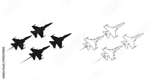 Black and white illustration of fighter jets in formation side views