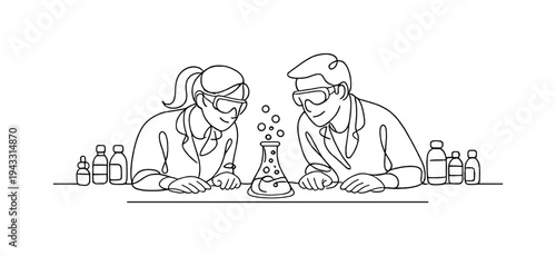 Lab partner duo standing at a workbench observing a bubbling reaction inside a flask, safety gloves worn, chemical bottles