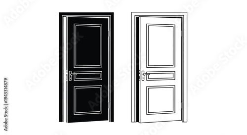 Two doors presented in contrasting black and white line art styles