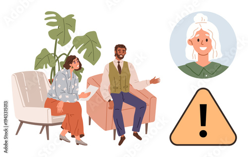Mental health, social services, relationship advice, caution, profile identification, teamwork. Two people having a conversation beside a warning sign and user profile icon. Mental health and social