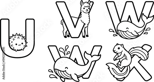 Cute line art animals with alphabet letters u v w x featuring porcupine alpaca whale squirrel playful vector design
