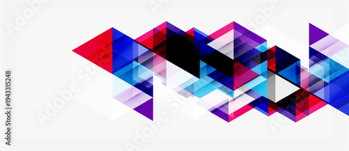 Abstract geometric shapes overlap, creating dynamic colorful pattern. White background emphasizes vibrant triangles, rectangles. Modern design.