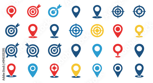 Collection of colorful target and location marker icons arranged in rows
