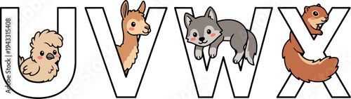 Cute cartoon animals interacting with letter shapes u v w x in playful vector art style with soft colors and friendly expressions on white background