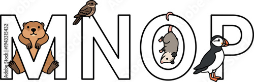 Cute animal characters including groundhog sparrow rat and puffin integrated with bold letters m n o p in minimalist vector design