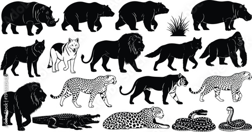 Wild animal silhouette collection featuring lion tiger bear leopard wolf crocodile gorilla rhino snake for zoo nature cad drawing flat vector illustration.