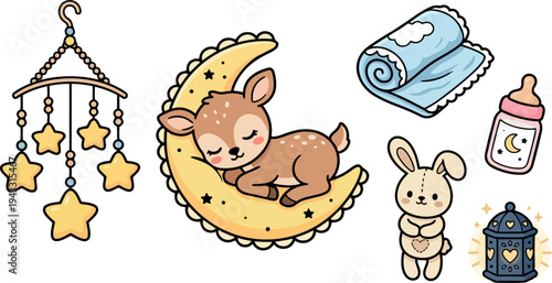 Cute sleeping baby deer on crescent moon with hanging star mobile blanket bottle and bunny toys illustration