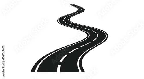 A winding black road with white lane markings viewed from a low angle