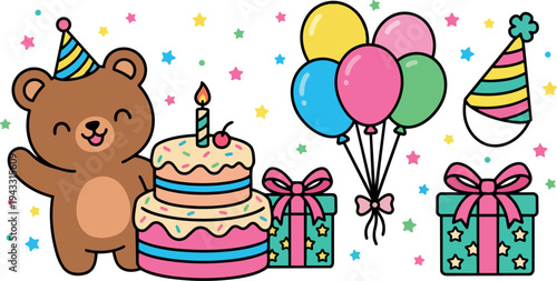 Cute smiling cartoon bear wearing party hat next to birthday cake and colorful balloons with gift boxes on white background