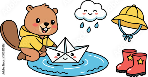 Cute beaver wearing yellow raincoat playing with smiling paper boat in rainy puddle with red boots and yellow hat illustration