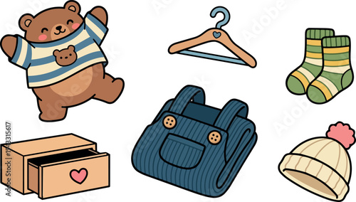 Cute smiling bear wearing striped sweater with toy bear print surrounded by kids clothes and accessories vector art set