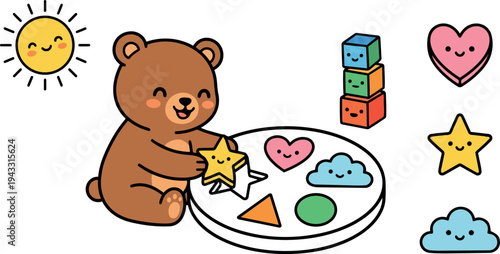Cute smiling brown bear playing with colorful star puzzle shapes round board happy sun face stacked cubes toddler fun vector flat design