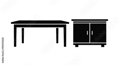 Simple black and white illustration of a table and cabinet