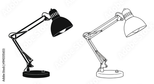 Black and white line art of adjustable desk lamps side by side