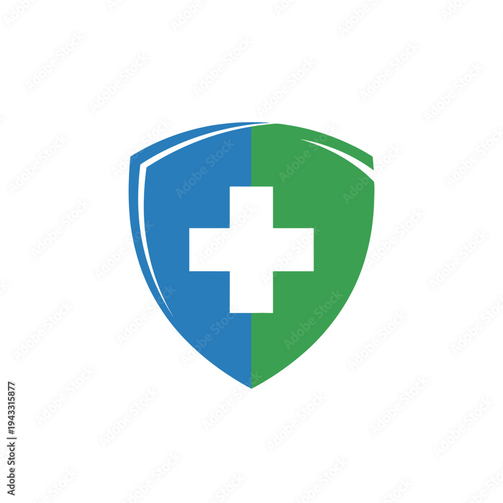 Fototapeta premium Medical Health Shield Logo with Green Cross, Isolated White Background