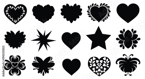 Collection of black silhouette hearts floral shapes and a star