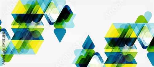 Abstract geometric shapes overlap, creating vibrant color gradients. Design features transparency, layering, modern aesthetic.