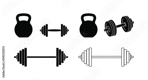 Black and white illustration of kettlebells and barbells for fitness