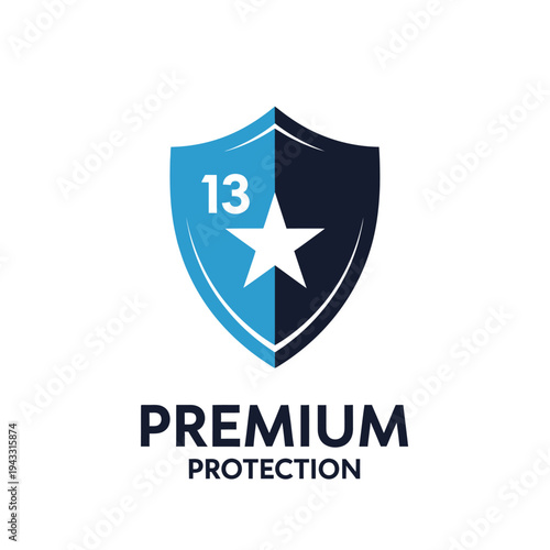 Premium Protection Shield Logo with Star and Number 13, Isolated White Background