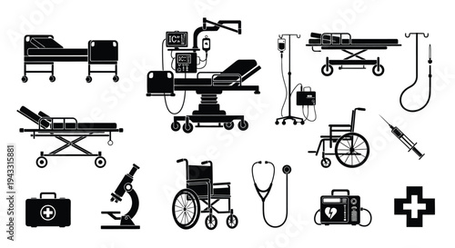 Black silhouette icons depicting various hospital beds and medical equipment
