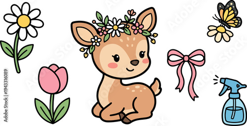 Cute cartoon baby deer with flower crown sitting smiling surrounded by daisy tulip butterfly pink bow and blue spray bottle vector art