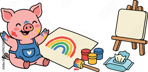 Cute smiling piglet wearing blue apron painting colorful rainbow with paint pots and easel in playful art scene