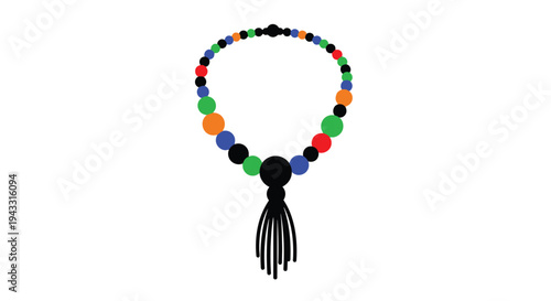 Colorful beaded necklace with a black tassel displayed on a white background