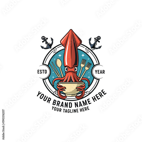 Vintage style squid mascot holding a food bowl, with anchors, a nautical restaurant emblem