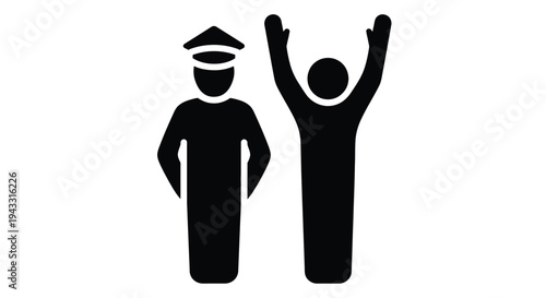Simple black silhouette illustration of a police officer and a person with raised arms
