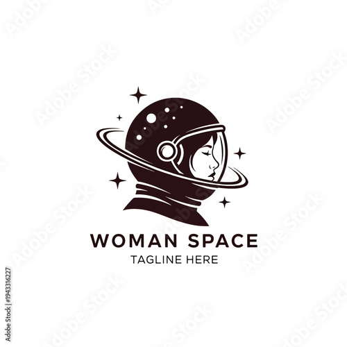 Stylized Illustration of a Woman Astronaut in a Helmet with Planetary Rings and Stars