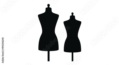 Two black silhouettes of dress forms against a white background