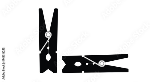 Two black clothespins displayed on a white background one upright and one horizontal