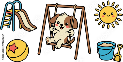 Cute happy puppy playing on a swing set with colorful slide yellow ball sunny day blue bucket and sand shovel vector art