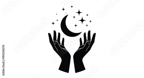 Hands cradling a crescent moon and stars in a celestial design