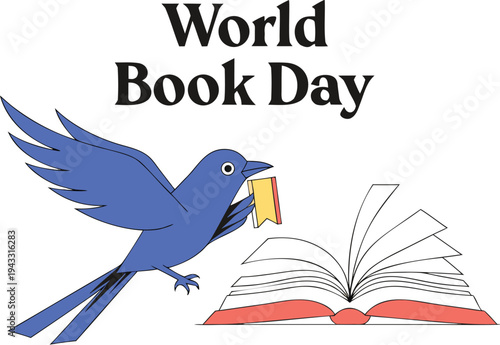World Book Day vector illustration, open book with flying dove, literary celebration symbol.
