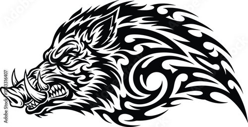 Wild boar head tribal tattoo design, black hog silhouette mascot with tusks isolated on white, cad drawing flat vector illustration