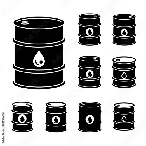 Black oil barrel vector icon set fuel drum symbol EPS10 isolated on white