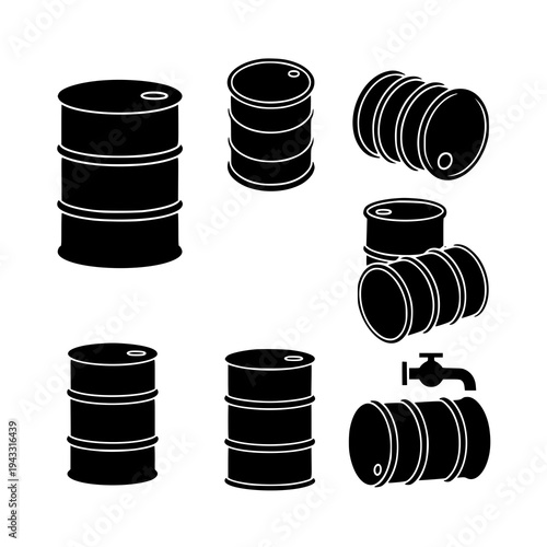 Minimal oil barrel black vector icon set petroleum container EPS10 isolated on white