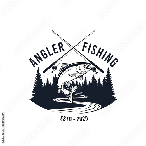 Dynamic Angler Fishing Emblem with Jumping Fish and Crossed Rods in Forest River Scene Illustration