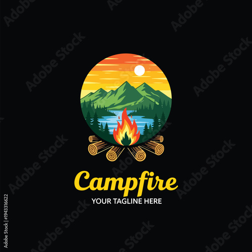 Stylized vector emblem of a warm campfire in a serene mountain lake landscape at sunset, ideal for outdoor adventure designs